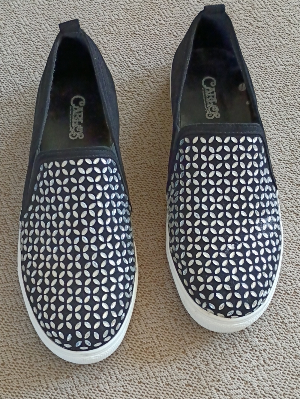 Carlos by Carlos Santana Black And White Slip-On Flats with Rhinestone Design